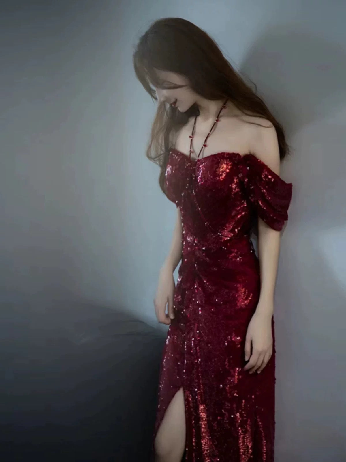 Elegant Mermaid Off The Shoulder Burgundy Sequin Long Prom Dress Evening Dresses