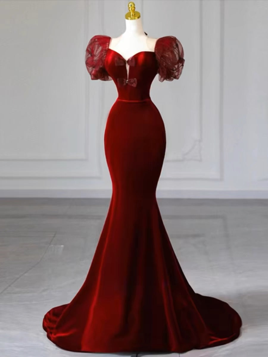 Elegant Mermaid Sweetheart Burgundy Short Sleeves Long Prom Dress Evening Dresses
