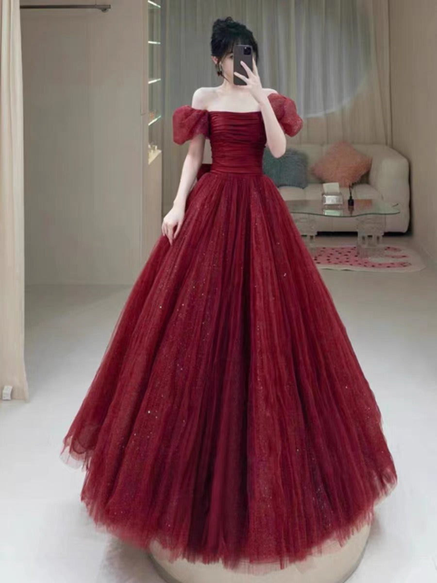 Elegant Ball Gown Sweetheart Burgundy Short Sleeves Long Prom Dress Evening Dresses