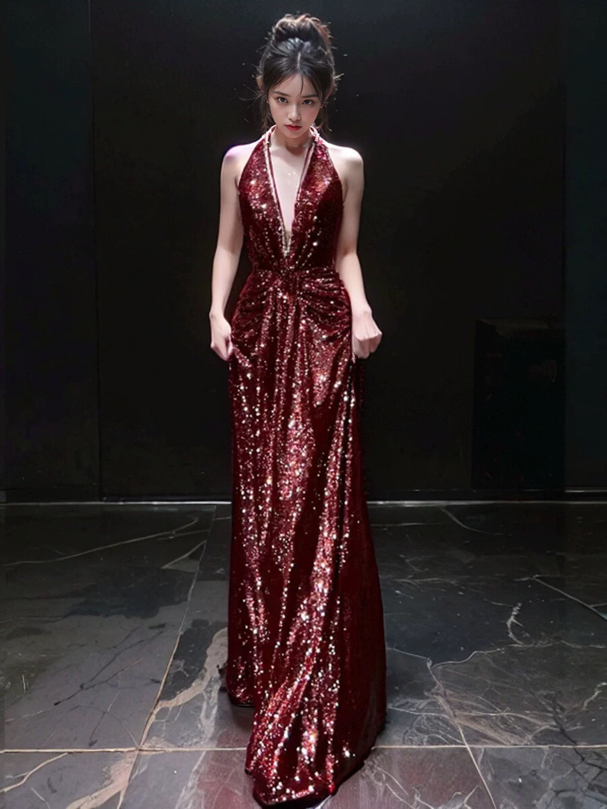 Sexy Mermaid V Neckline Burgundy Sequin Prom Dresses Evening Dress With Beads