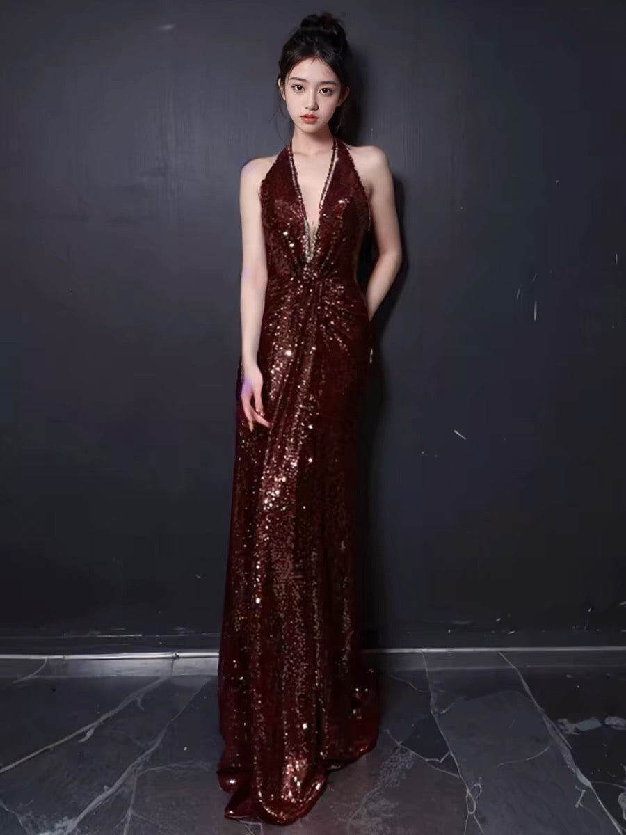 Sexy Mermaid V Neckline Burgundy Sequin Prom Dresses Evening Dress With Beads