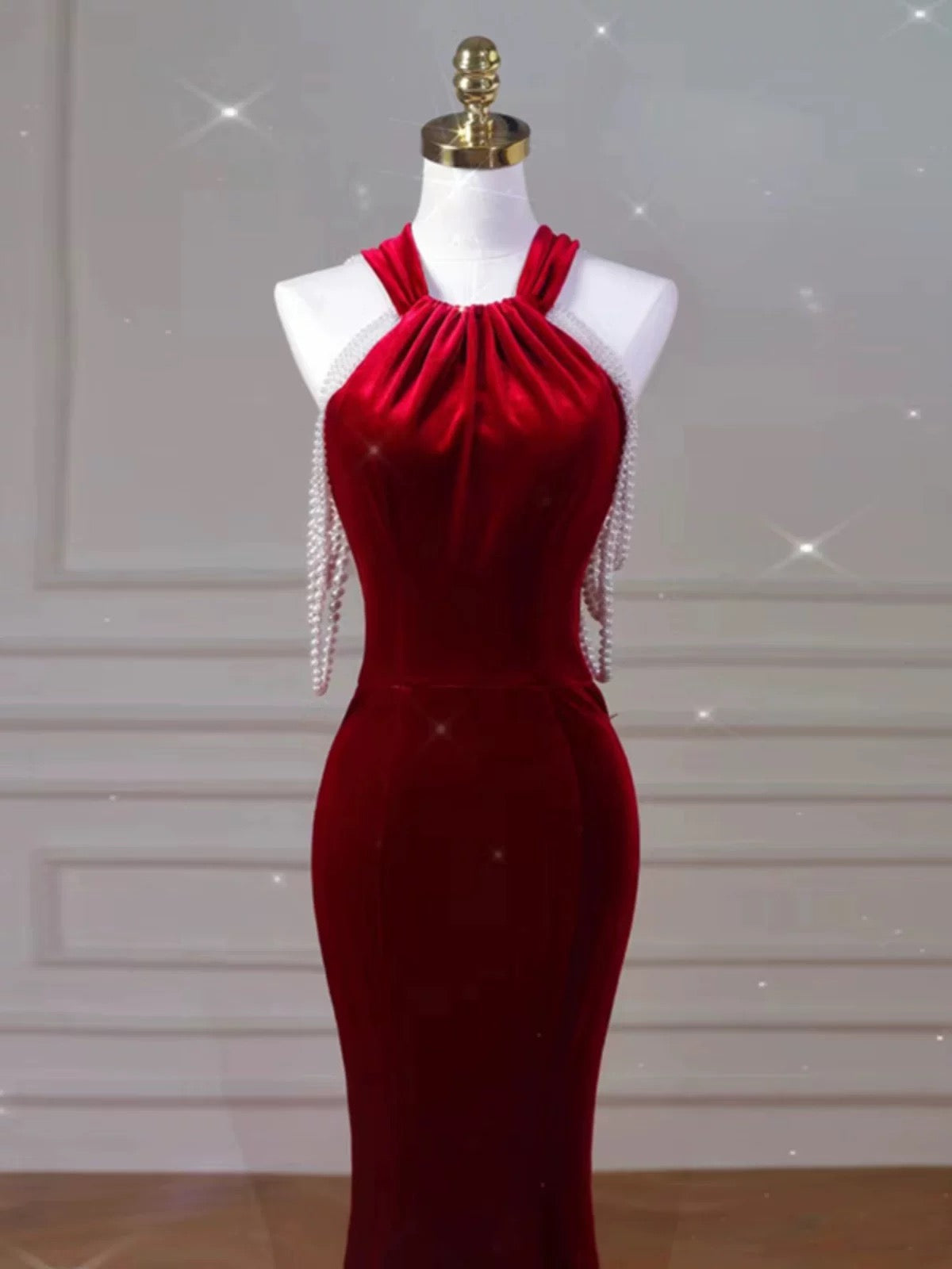Sexy Mermaid Halter Red Velvet Long Prom Dresses Evening Dress