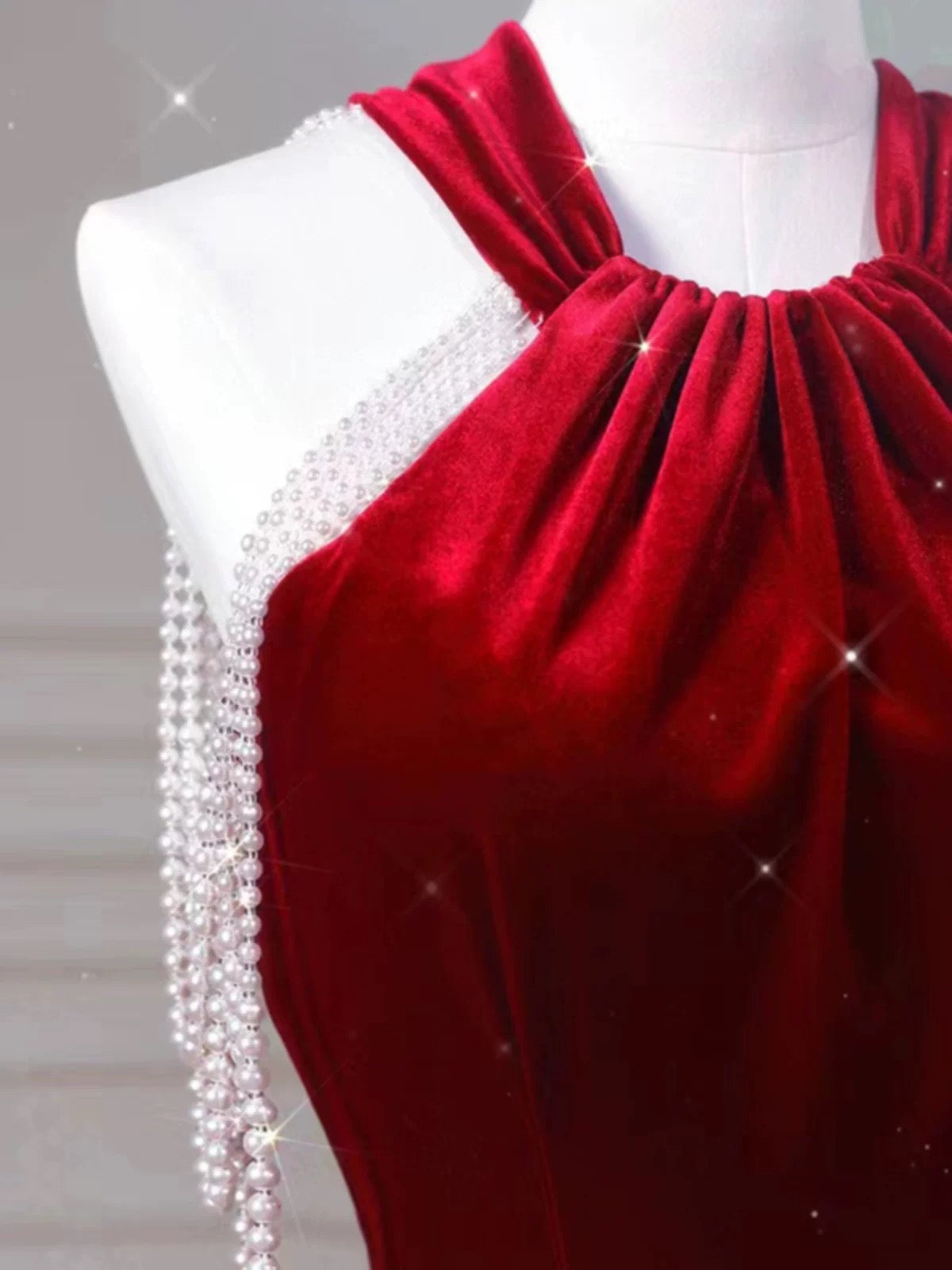 Sexy Mermaid Halter Red Velvet Long Prom Dresses Evening Dress