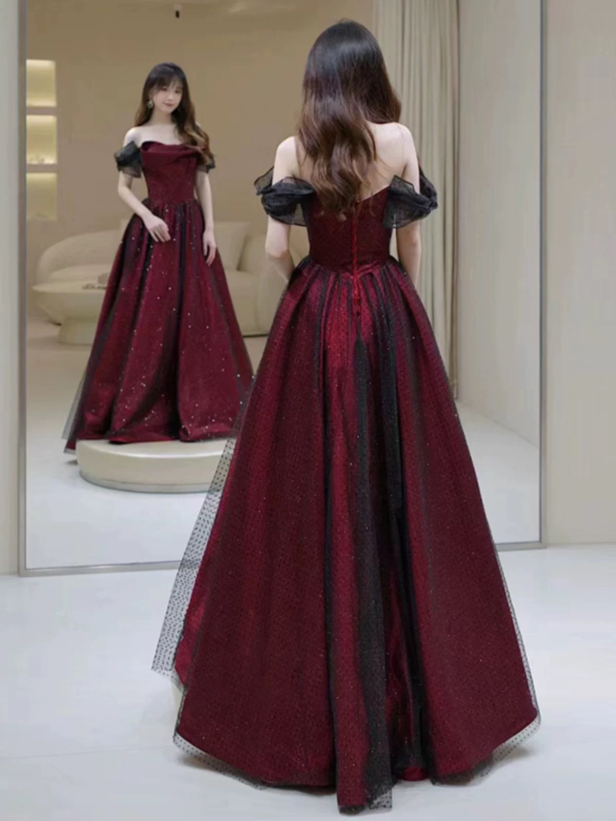 Sexy Ball Gown Off The Shoulder Red Tulle Long Prom Dresses Evening Dress