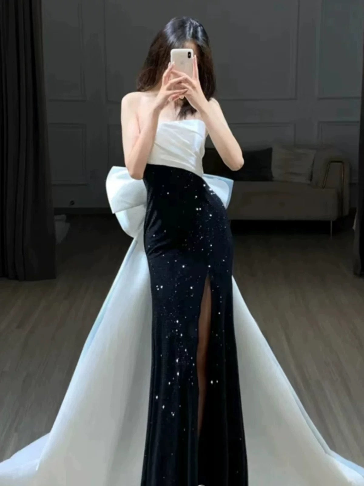 Elegant Mermaid Strapless Black Sequin Long Prom Dress Evening Dresses