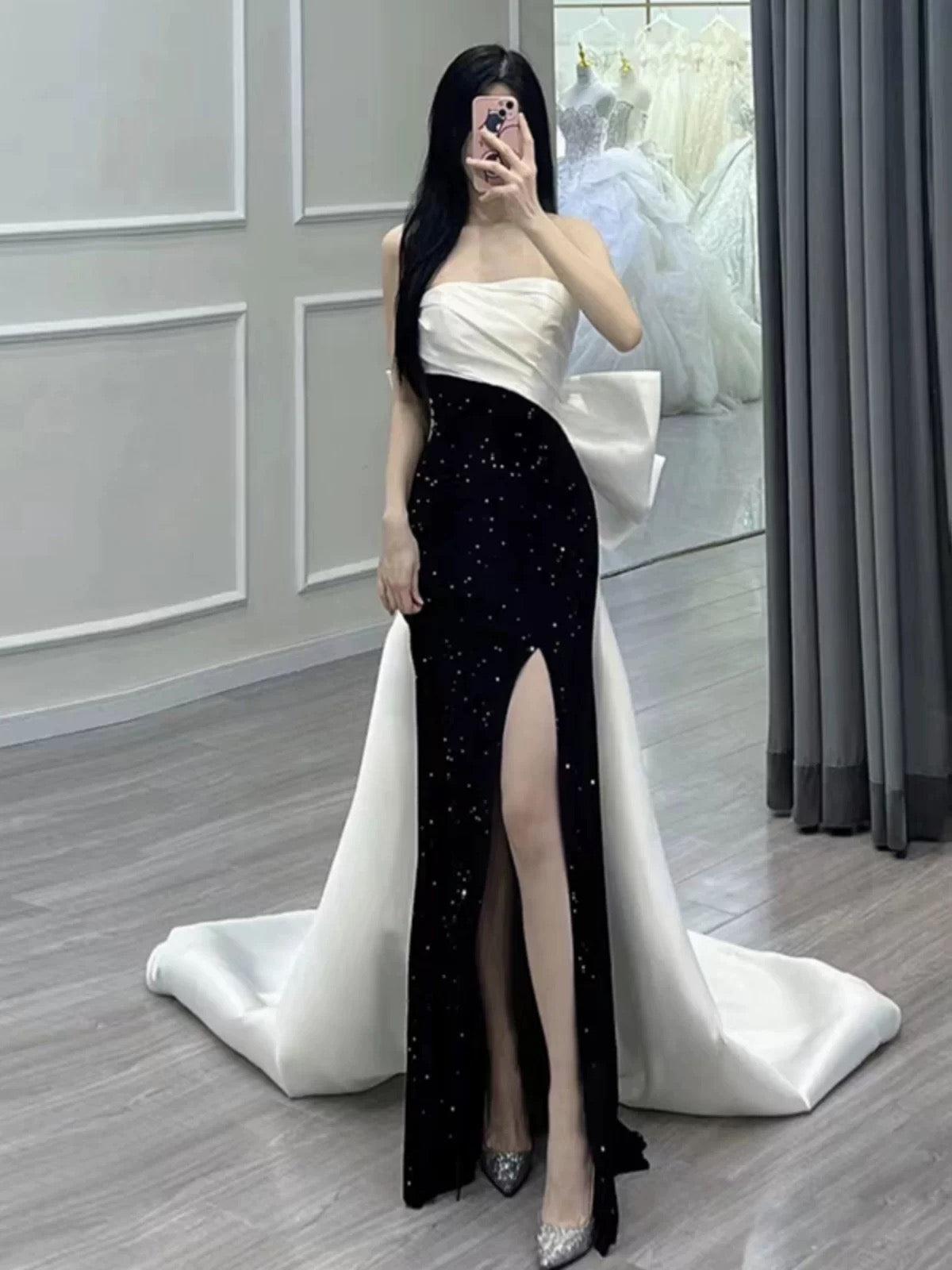 Elegant Mermaid Strapless Black Sequin Long Prom Dress Evening Dresses