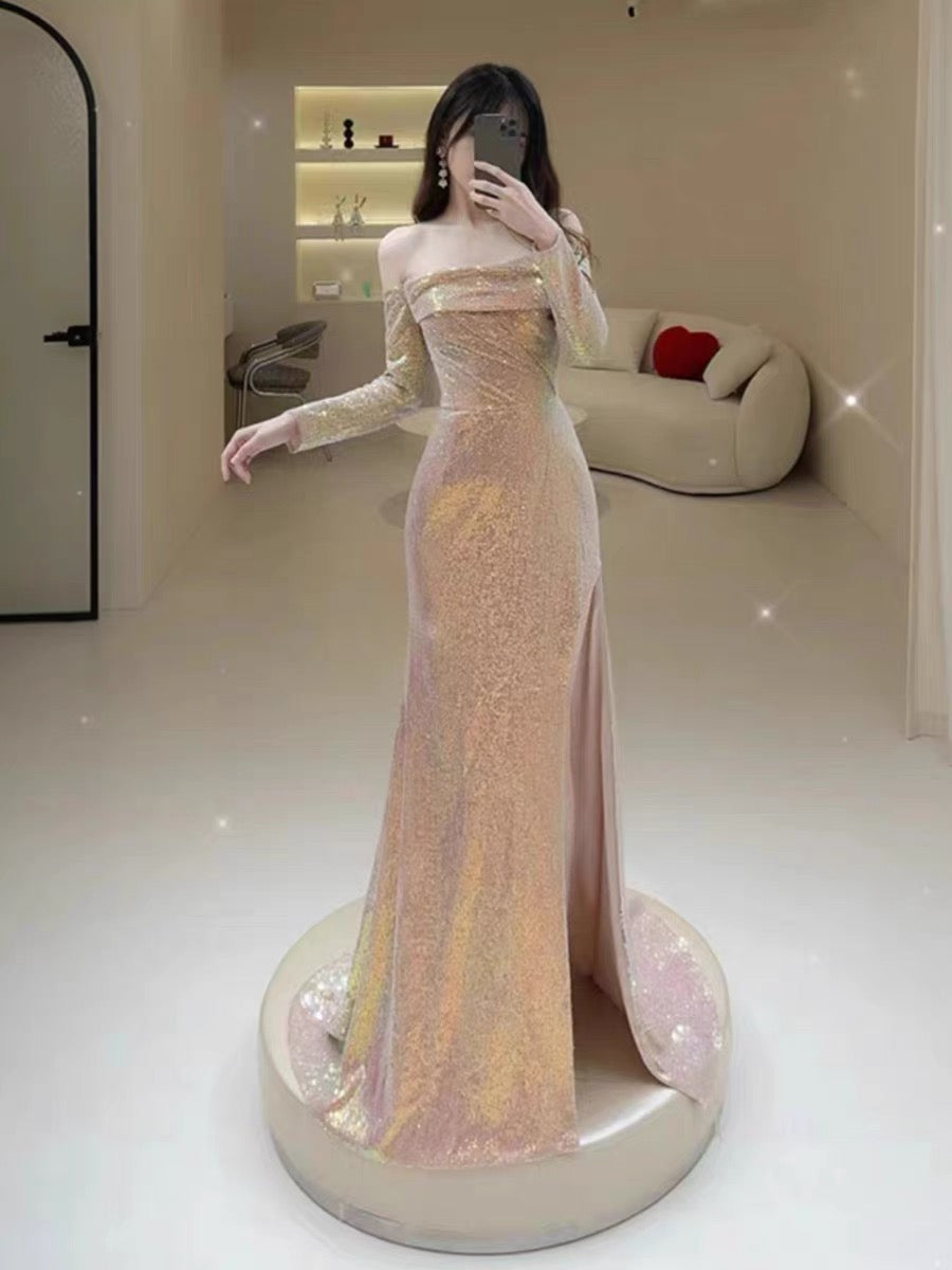 Elegant Mermaid Strapless Pink Slit Sequin Long Prom Dress Evening Dresses