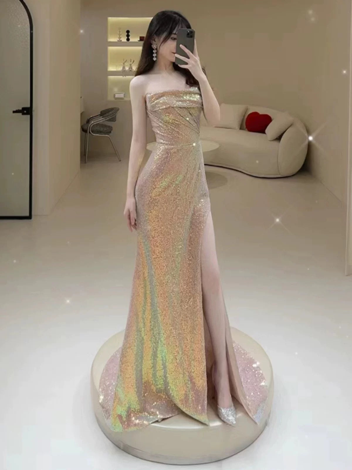 Elegant Mermaid Strapless Pink Slit Sequin Long Prom Dress Evening Dresses