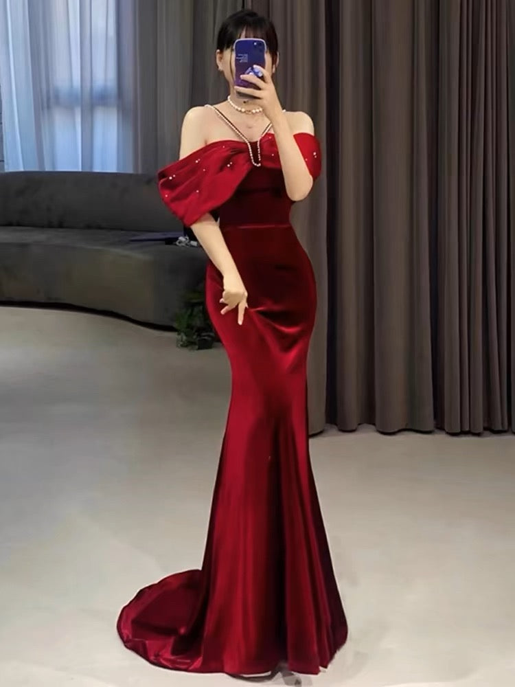 Elegant Mermaid Off The Shoulder Halter Burgundy Long Prom Dress Evening Dresses