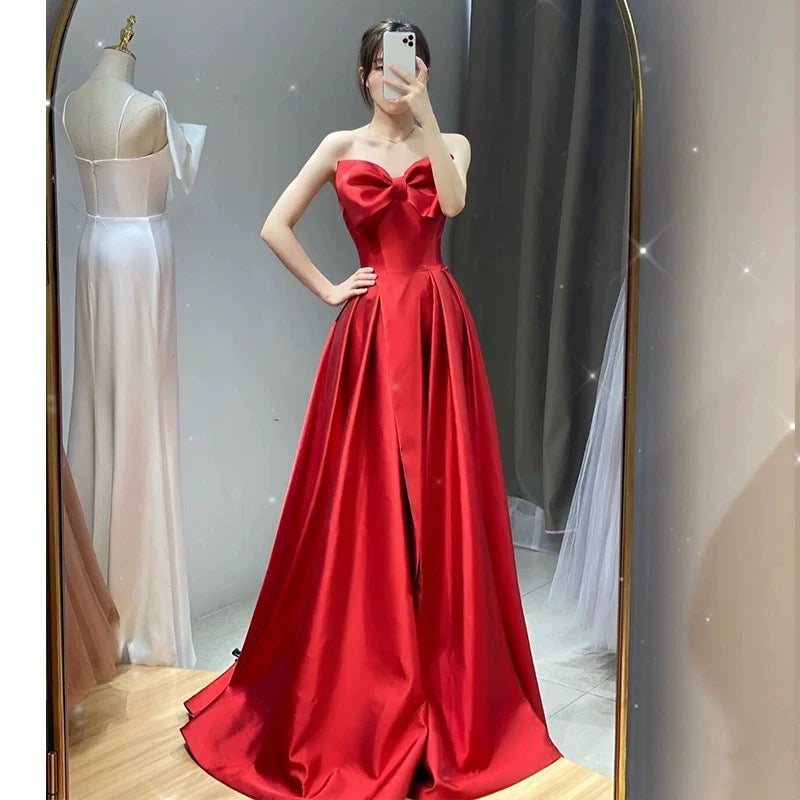 Elegant A line Sweetheart Red Satin Long Prom Dress Evening Dresses