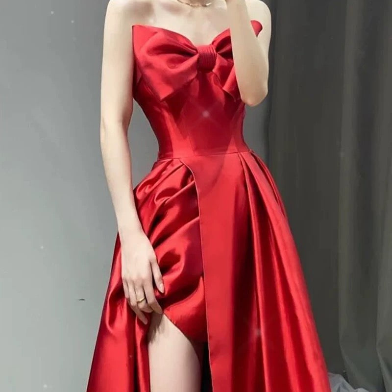 Elegant A line Sweetheart Red Satin Long Prom Dress Evening Dresses
