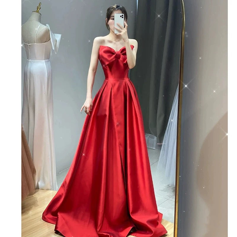 Elegant A line Sweetheart Red Satin Long Prom Dress Evening Dresses