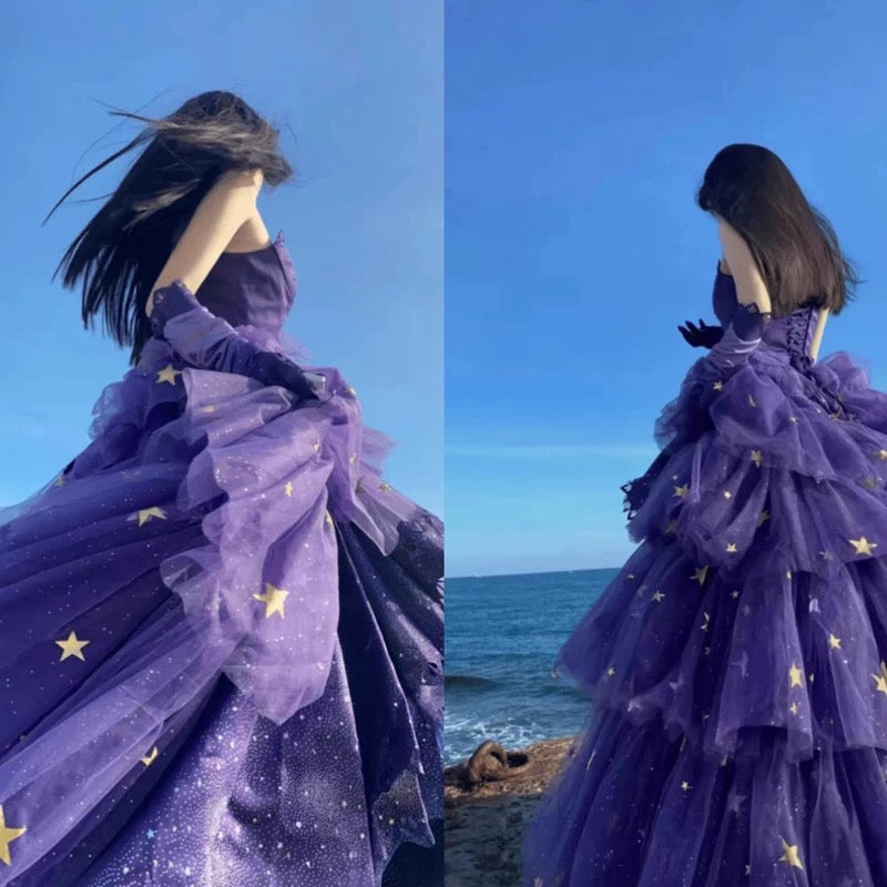 Elegant Ball Gown Strapless Purple Satin Long Prom Dress Evening Dresses