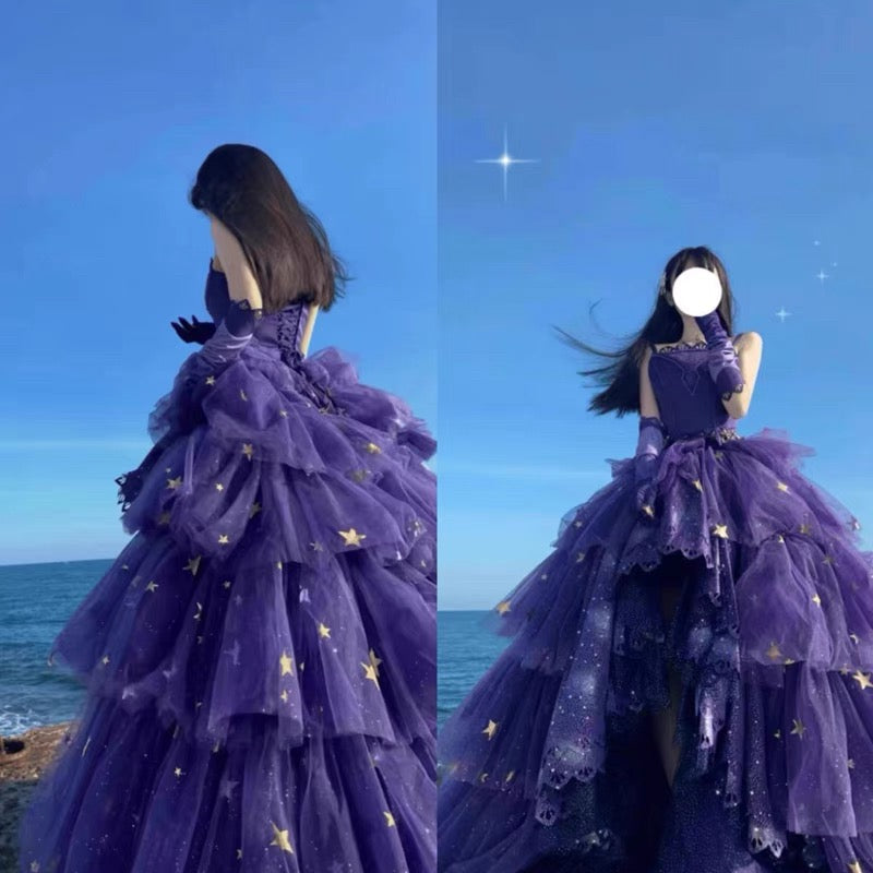 Elegant Ball Gown Strapless Purple Satin Long Prom Dress Evening Dresses