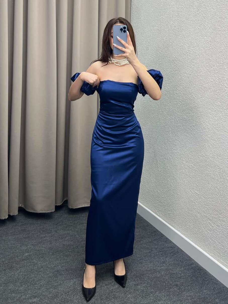 Sexy Sheath Off The Shoulder Royal Blue Long Satin Prom Dresses Party Dress