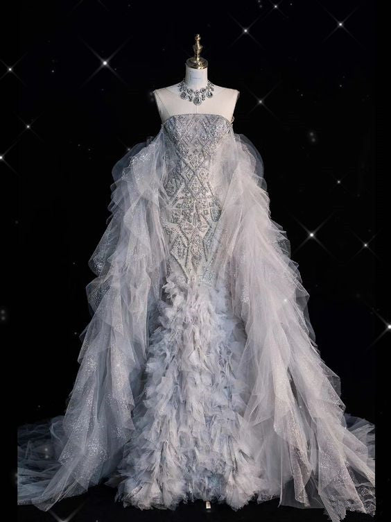 Elegant Mermaid Strapless Tulle Sequin Long Wedding Dresses