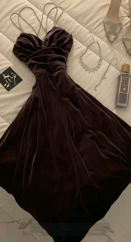 Classy A Line Spaghetti Straps Brown Long Pleated Party Dress Prom Dresses Evening Dress