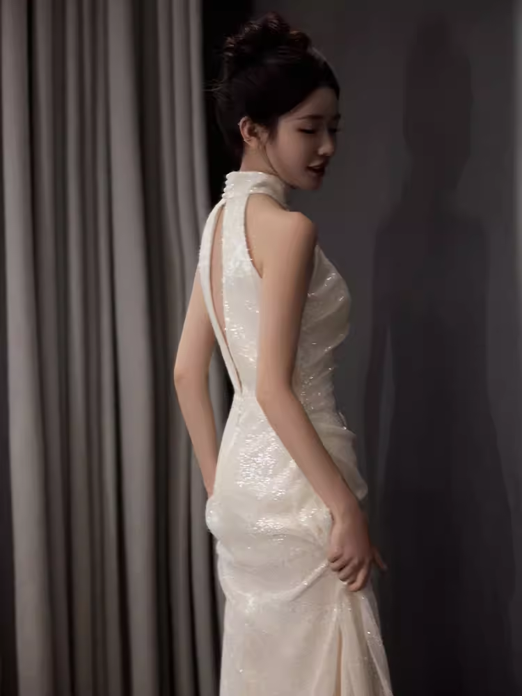Vintage Mermaid White High Neckline Long Prom Dresses C32