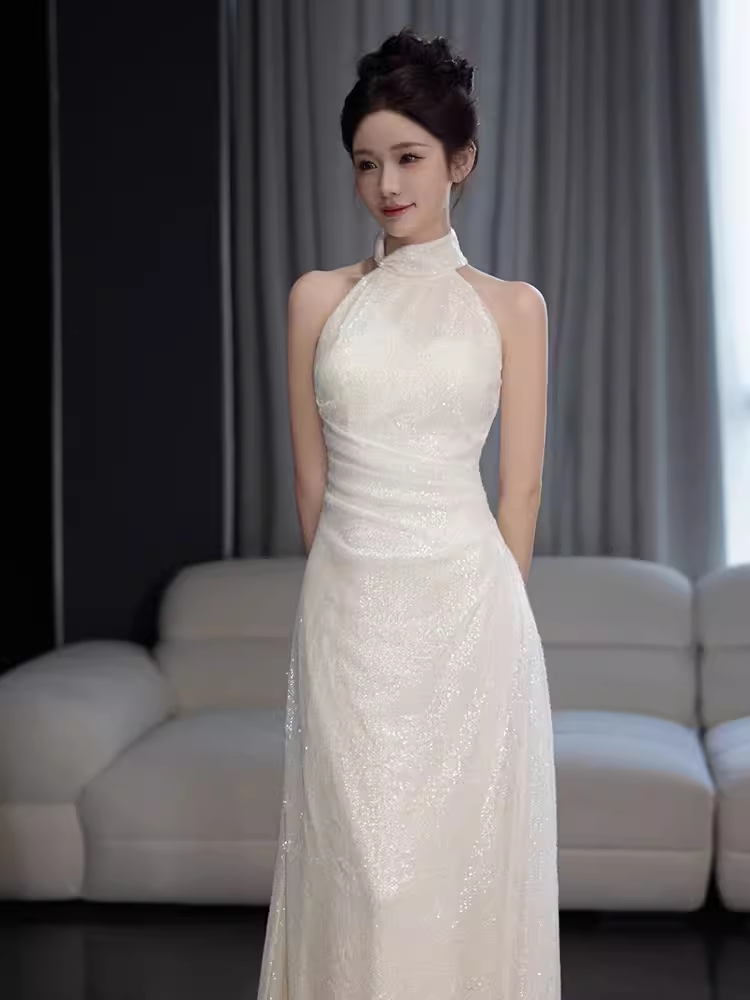 Vintage Mermaid White High Neckline Long Prom Dresses C32