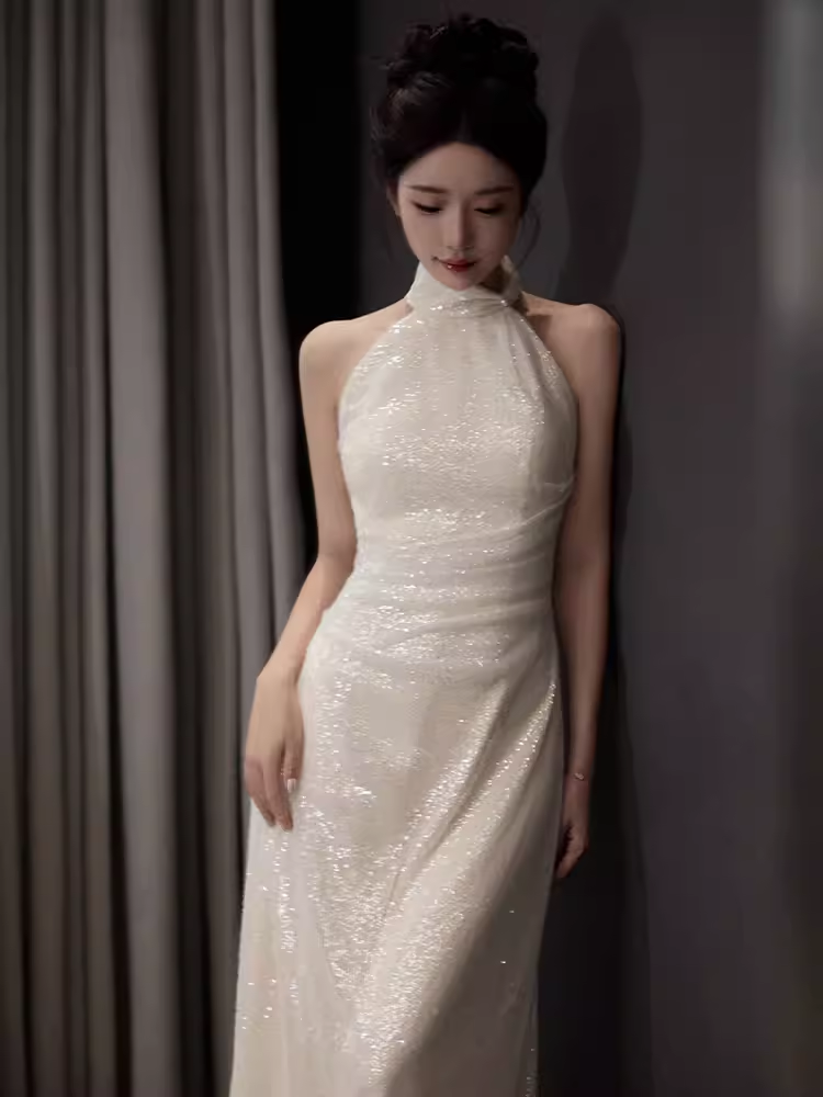 Vintage Mermaid White High Neckline Long Prom Dresses C32