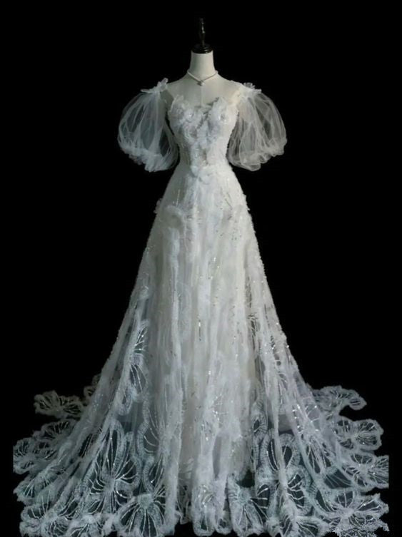 Elegant A Line Straps Tulle Sequin Long Wedding Dresses