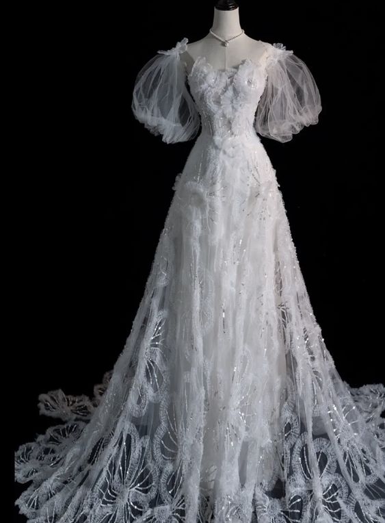 Elegant A Line Straps Tulle Sequin Long Wedding Dresses
