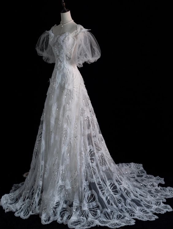 Elegant A Line Straps Tulle Sequin Long Wedding Dresses