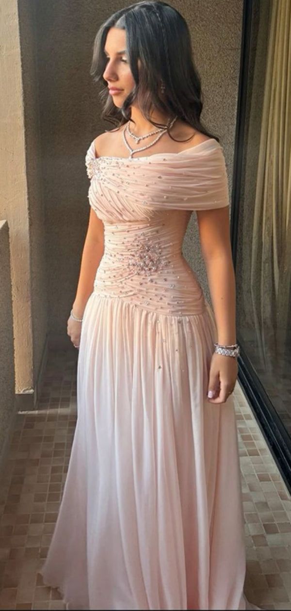 Classy A Line Off The Shoulder Chiffon Pink Long Party Dress Prom Dresses Evening Dress