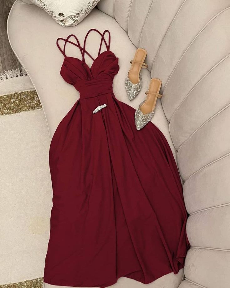 Elegant A-Line Spaghetti Straps Red Long Prom Dress Evening Dresses