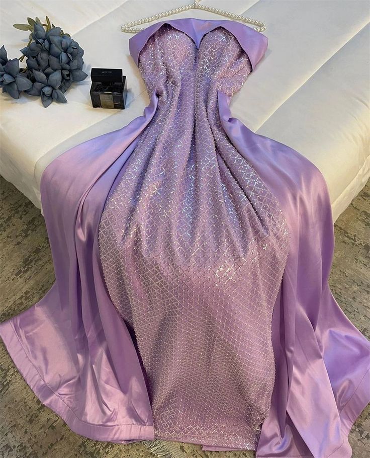 Classy Sheath Strapless Long Lilac Satin Party Dress Prom Dresses Evening Dress