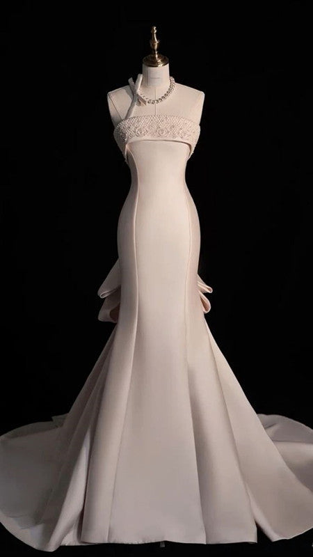 Elegant Mermaid Strapless Satin Long Wedding Dresses With Bowknot