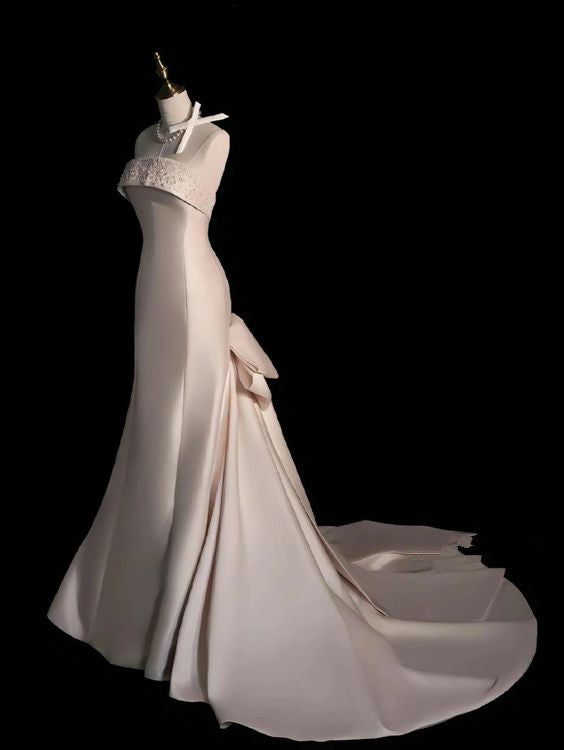 Elegant Mermaid Strapless Satin Long Wedding Dresses With Bowknot