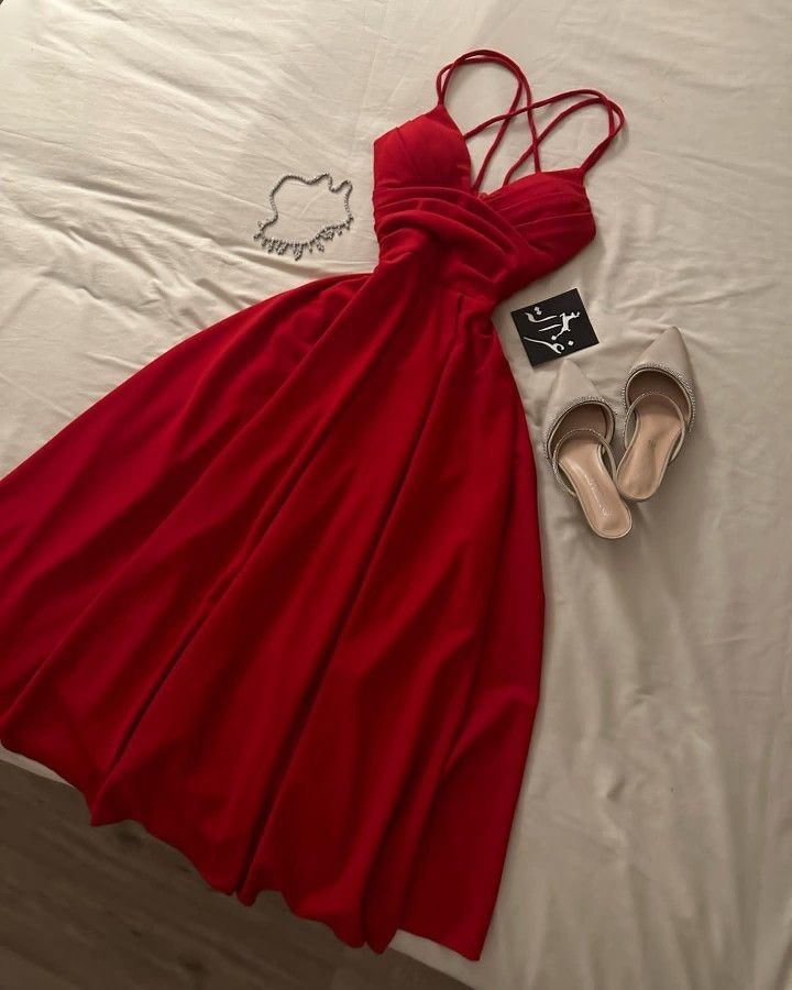 Elegant A Line Spaghetti Straps Red Long Prom Dress Evening Dresses