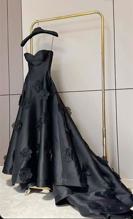 Pretty A line Sweetheart Black Satin Prom Dress Evening Dresses With Flowers