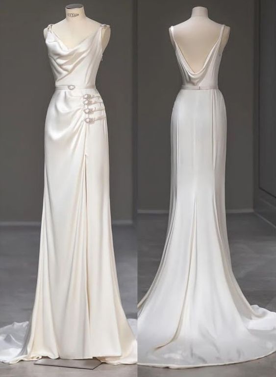 Elegant Mermaid Straps Satin Long White Wedding Dresses