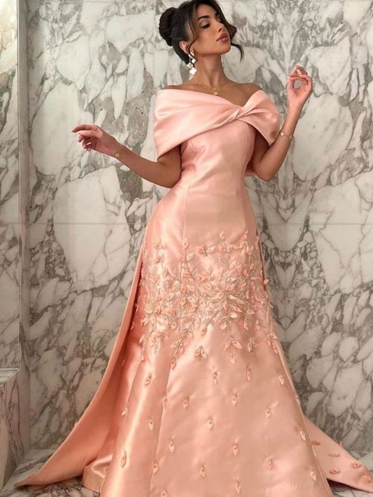 Pretty Mermaid Off The Shoulder Pink Satin Long Prom Dress Evening Dresses With Appliques