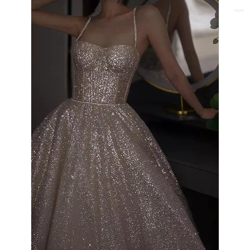 Pretty A Line Spaghetti Straps Silver Sequin Long Prom Dress Evening Dresses