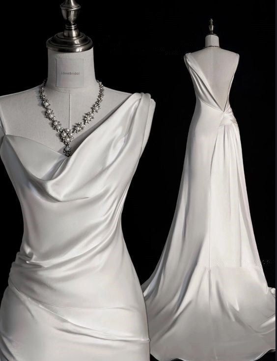 Elegant Mermaid Straps Satin Long White Wedding Dress