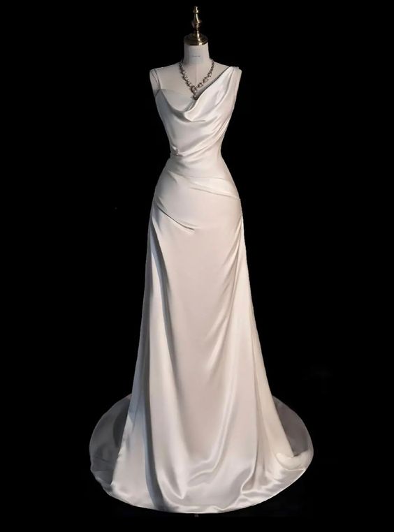 Elegant Mermaid Straps Satin Long White Wedding Dress