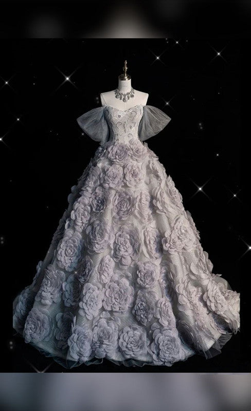 Pretty Ball Gown Off The Shoulder Gray Tulle Flowers Evening Dress Prom Dresses