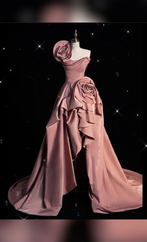Pretty High Low One Shoulder Pink Satin Evening Dress Prom Dresses