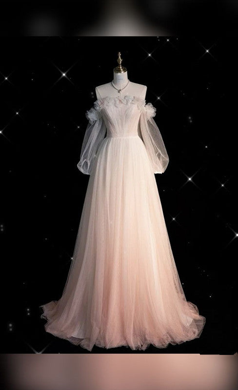 Pretty A Line Off The Shoulder Tulle Pink Long Ruffles Evening Dress Prom Dresses