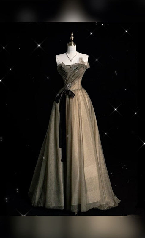 Pretty A Line Strapless Tulle Long Ruffles Evening Dress Prom Dresses