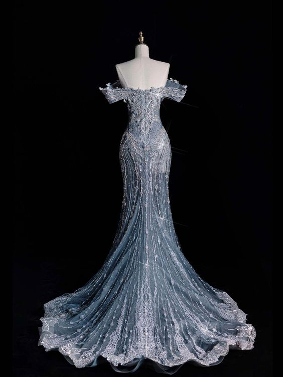 Elegant Mermaid Off The Shoulder Sequin Long Blue Wedding Dresses