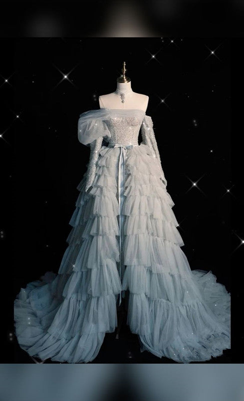 Pretty Ball Gown Off The Shoulder Tulle Long Ruffles Layers Evening Dress Prom Dresses