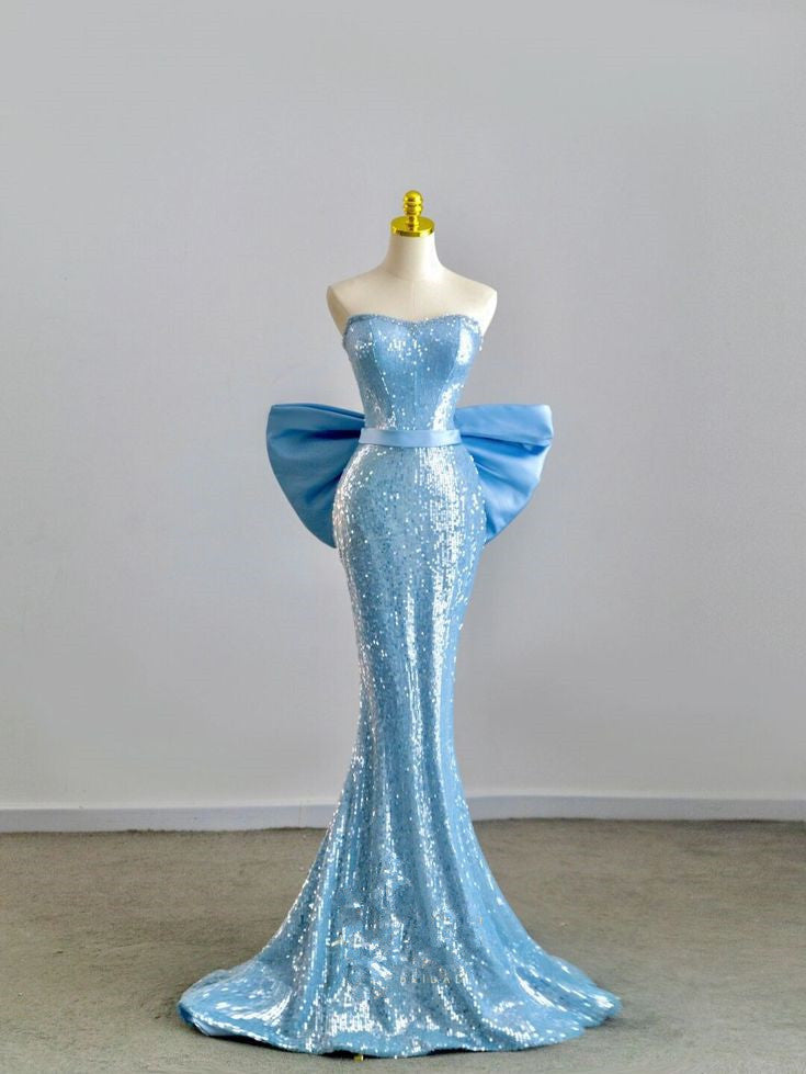 Pretty Mermaid Sweetheart Sequin Long Evening Dress Prom Dresses With Bow