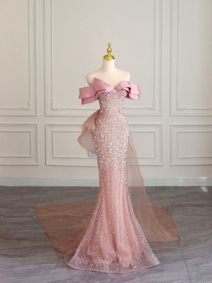 Pretty Mermaid Off The Shoulder Sequin Pink Long Evening Dress Prom Dresses With Bow