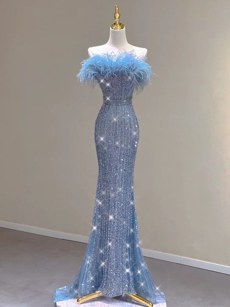 Pretty Mermaid Strapless Sequin Long Evening Dress Prom Dresses With Feather