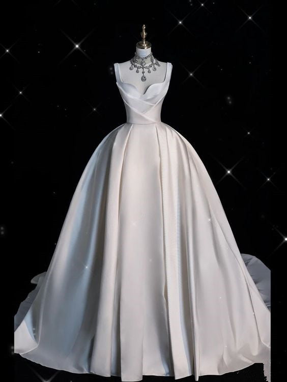 Elegant Ball Gown Satin Long White Wedding Dresses