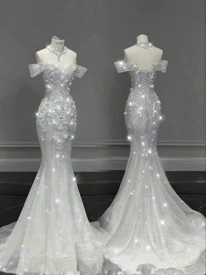 Chic Mermaid Off The Shoulder Short Sleeves Sequin Wedding Dresses With Beads